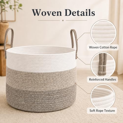 JMvicyroam 115L Extra Large Blanket Basket for Living Room - Woven Cotton Rope Laundry Hamper with Reinforced Handles - Storage Bin for Pillows, Comforters & Toys - Machine Washable,White&Brown Mix - color: White&Brown Mix, size: 115L