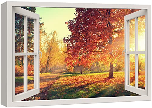 wall26 Canvas Print Wall Art Window View Orange Autumn Fall Forest Tree Park Wilderness Nature Photography Realism Scenic Landscape Colorful Multicolor for Living Room, Bedroom, Office - 12"x18" - color: A34-2204-est11, size: 18"L x 12"W