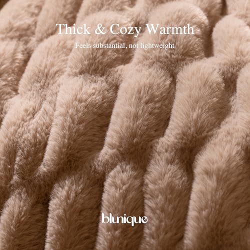 Faux Rabbit Fur Throw Blanket, Soft Plush Cozy Blanket for Couch Bed, Thick Fluffy Ruched Decorative Blanket, Giftable,50"x60",Light Brown - color: Light Brown, size: Throw(50"x60")