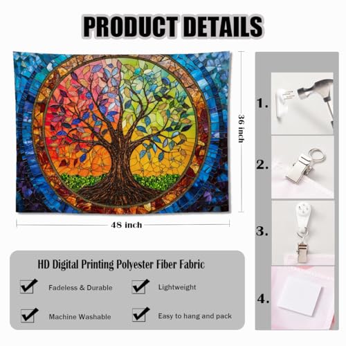 keowhsf Tree of Life Tapestry Wall Hanging – Colorful Stained Glass Look Wall Art with Fantasy Aesthetic, Large Tapestry for Bedroom, Living Room, Home Decor - color: TreeGlass, size: 48"L x 36"W