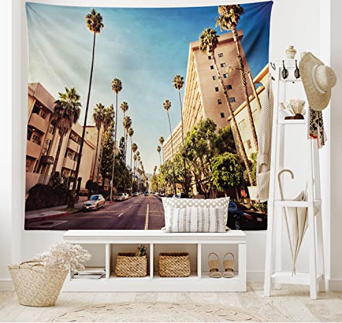 Ambesonne Urban Tapestry, Street in Beverly Hills CaliforniPalm Trees Houses Famous City Photo, Wide Wall Hanging for Bedroom Living Room Dorm, 60" X 40", Pale Blue Peach Green - color: Blue Peach, size: 60"L x 40"W