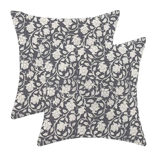 Floral Throw Pillow Covers 18x18 Set of 2, Flower Print Linen Decorative Pillow Cover Neutral Vintage Decoration Outdoor Cushion Cover Light Blue Floral Pillowcase for Sofa Couch Farmhouse Room - color: Floral Light Blue, size: 18" x 18" (Pack of 2)