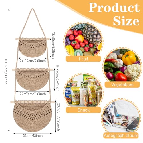 Hanging Fruit Basket, 3 Tier Woven Jute Wall Basket for Organizing, Hanging Produce Baskets for Fruit Vegetable Storage, Boho Kitchen Decor, Wall Baskets Storage for Kitchen, Bedroom, Bathroom