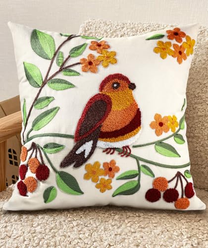 Embroidered Throw Pillow Cover - 18x18 Decorative Pillow Cover with Zipper Aesthetic Cute Design Boho Spring Summer Throw Pillowcase for Living Room Couch Sofa Bed, Tree Bird - color: Tree Bird, size: 18" x 18" (Pack of 1)