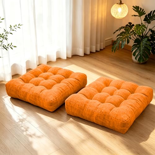 Orange Floor Cushion Set of 2 Large Square Seat Pillows Seating Pad for Adults Tufted Meditation Cushion for Living Room Tatami Bedroom 18.8 x 18.8 Inch - color: Orange