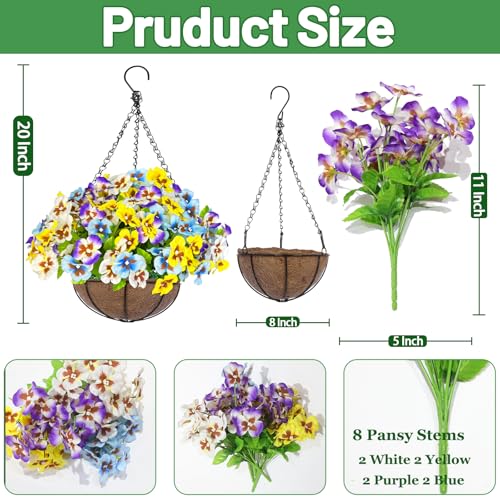 Artificial Hanging Flowers Plants Baskets Outdoor Outside Decoration, Pansies UV Resistant Waterproof Spring Fake Silk Flowers Faux Hanging Planters for Porch Patio Balcony Yard Home Decor - color: 1 Set – Pansies Tri-color (Purple/Yellow/White)