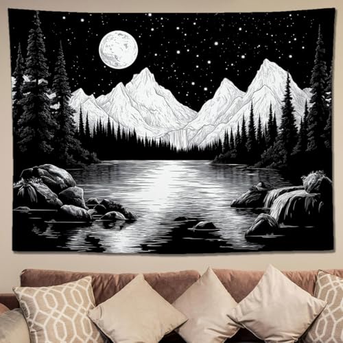 keowhsf Starry Night Mountain Lake Tapestry Black and White Tapestries Aesthetic Moon and Stars Wall Hanging Dark Nature Forest Tapestry for Bedroom Living Room Dorm Decor - color: StarryNight2, size: 60"L x 44"W