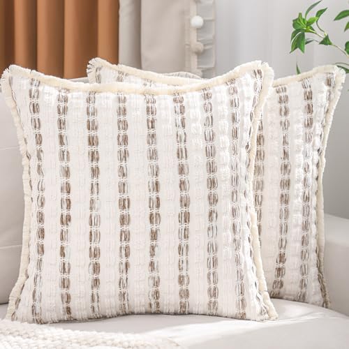 LUOYEHK Chenille Striped Throw Pillow Covers 20x20 Inch Set of 2 Boho Khaki Decorative Pillowcases with Fringe Farmhouse Neutral Cushion Covers for Couch Sofa Bed Living Room - color: Khaki, size: 20" x 20" (Pack of 2)