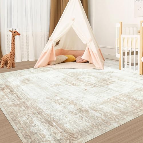 Aoyaomi Vintage Living Room Area Rug - 6x9 Large Machine Washable Boho Moroccan Distressed Farmhouse Rugs for Bedroom - Soft Non-Slip Indoor Floor Accent Rugs for Office Dining Room (Beige, 6' x 9') - color: Beige, size: 6' X 9' (Rectangular)