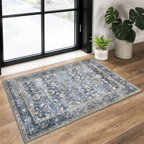KUTA Vintage 2x3 Rugs for Entryway, Non-Slip Washable Area Rug & Indoor Door Mat with Floral Print, Blue Grey Beige Ultra Thin Soft Low-Pile Throw Rug for Kitchen Front Door, Bedside, Small Spaces - color: Blue Grey Beige, size: 2' x 3' (Rectangular)