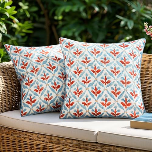 MIULEE Pack of 2 Decorative Outdoor Waterproof Throw Pillow Covers Flower Print Chic Boho Accent Pillow Covers for Square Garden Patio Cushion 20x20 Inch, Blue-Rust - color: Blue-rust, size: 20" x 20" (Pack of 2)