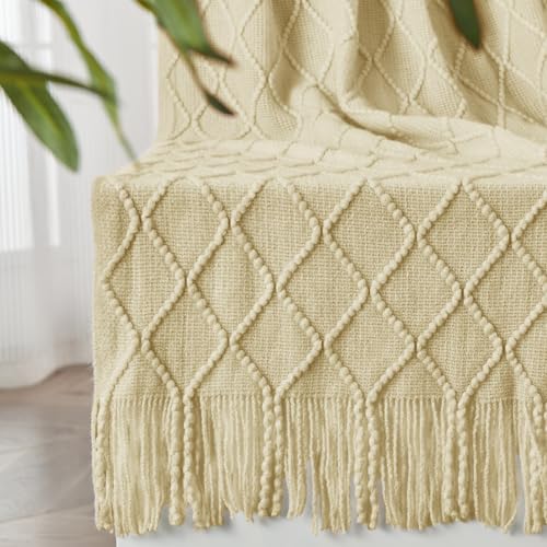 inhand Knitted Throw Blanket for Couch and Bed, Soft Living Room Home Decor Knitted Blanket with Tassel, Outdoor Lightweight Breathable Summer Blanket, Farmhouse Warm Woven Decorative, 50"x60" - color: Cloud Cream, size: 50"x60"