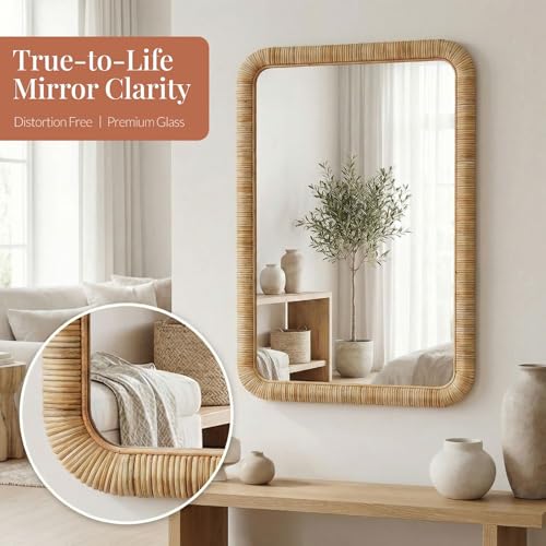 Barnyard Designs Rattan Wall Mirror, Rectangular Farmhouse Boho Accent for Bathroom, Entryway or Bedroom, Woven Natural Honey Rattan Frame (20" × 30", Rectangular) - size: 30"L x 20"W