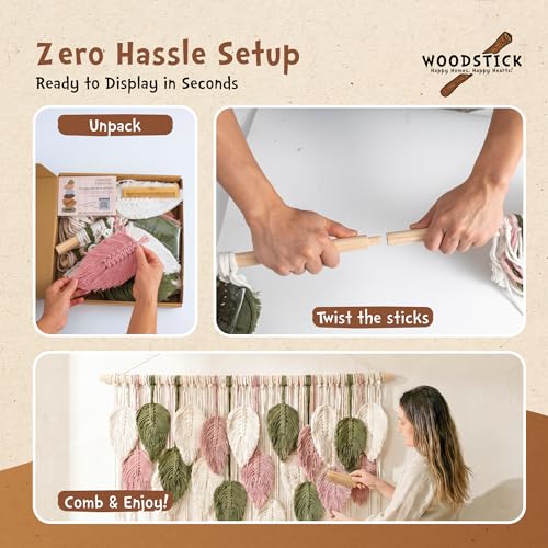 WOODSTICK Large Macrame Wall Hanging 39"W x 29.5"L - Boho Wall Decor in Beige, Old Pink & Green - Chic Woven Leaf Leaves Boho Tapestry, Handmade Cotton Fiber Art, Macrame Wall Décor, Bedroom Tapestry - size: 39"L x 29.5"W