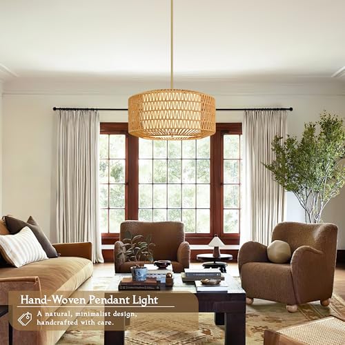 23 inch Natural 5 Light Rattan Light Fixture Woven Pendant Lights Rattan Farmhouse Chandeliers Fabric Shade Boho Chandelier for Dinning Room Kitchen - color: 23"-Natural-Prism