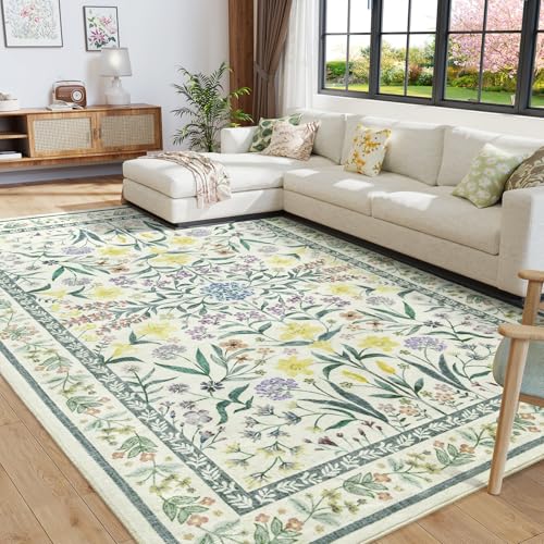 Amearea 6x9 Feet Floral Area Rugs for Living Room, Green Rugs for Bedroom Girls, Cute Kids Room Print Carpet Vintage Low Pile Machine Washable Area Rugs, Office Nursery Dining Room Farmhouse Decor - color: Green, size: 6x9 Feet