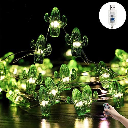 Starryfill Tropical Themed Small Cactus USB-Plugin String Lights 0.8"(H) 40 LED with Remote Control and Timer On 13.85ft Copper Wire Warm White Waterproof Warm White for Decorations - color: Cactus USB