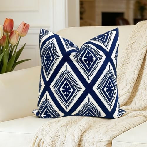 Slow Cow Embroidery Navy Blue Pillow Covers Cushion Covers Invisible Zipper for Living Room 18 x18 Inch - color: Navy Eyes, size: 18" x 18" (Pack of 1)