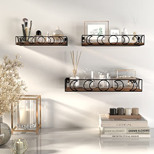 PHAREGE Moon Phase Floating Shelves Brown Black, Set of 3 Small Decorative Wall Shelves for Book Plant Storage, Crystal Figurine Collectibles Display Shelf for Bedroom Kid Room - color: Brown Black