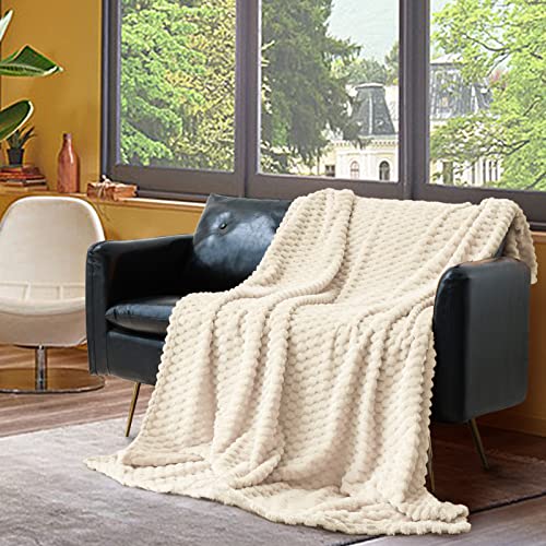Vessia Flannel Fleece Queen Size Bed Blanket(90x90 inch), 3D Jacquard Cream Fuzzy and Warm Blanket for Adults, 300GSM Super Soft Touch Cozy Lightweight Ivory Bed Home Decor for All-Season - color: Cream-3d, size: 90x90 inch