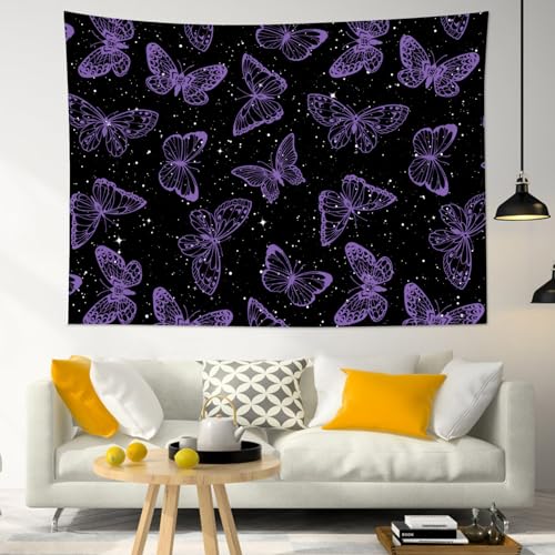 HVEST Vintage Butterfly Tapestry - Purple Butterfly on Black and White Galaxy Space Tapestry Wall Hanging for Kids Bedroom, Dorm, Living Room - 70.9L x 92.5W inches - color: Purple, size: 70.9"L x 92.5"W