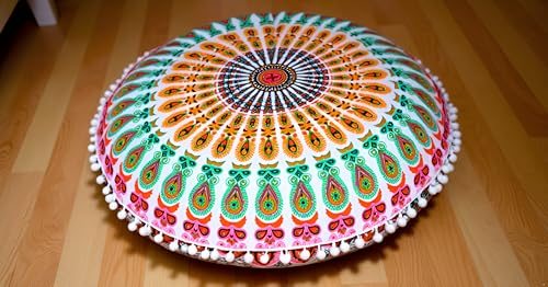 CRAFT KALA 32" in Round Mandala Floor Pillow Cushion Cover Seating Throw Cover Hippie Decorative Bohemian Ottoman Poufs Pillow Cover Cases Boho Cotton Living Yoga Home Décor Room (Mustard Mirchi) - color: Mustard Mirchi