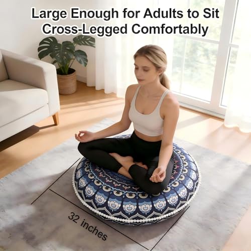 LOVMOC 32 Inch Round Floor Pillow for Adults, Large Thick Memory Foam Boho Mandala Meditation Floor Seating Cushion, Machine Washable for Living Room Outdoor Yoga Floor Sitting, Navy Blue - color: Navy Blue, size: 1 Count (Pack of 1)