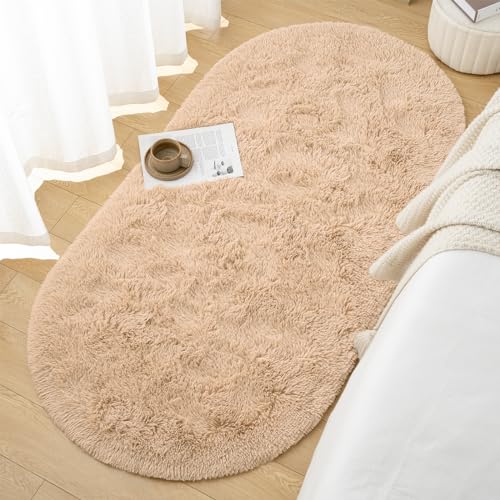 Goideal Fluffy Bedroom Rug, Small Oval Area Rugs, Beige Shag Bedside Carpet for Kids Room Nursery Dorm Cute Fuzzy Indoor Decor for Boy and Girl, 2.6 x 5.3 Feet - color: Light Tan