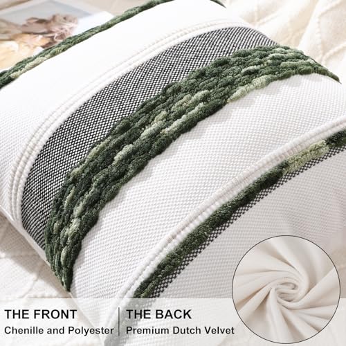decorUhome Christmas Boho Decorative Throw Pillow Covers 18x18 Set of 2, Striped Chenille Tufted Pillow Covers with Tassels for Couch Bed Sofa, Cream White and Green - color: Cream White and Green