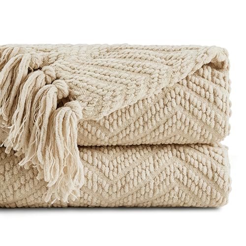 BATTILO HOME Beige Throw Blanket for Couch, Knitted Beige Throw for Bed, Neutral Throw Blankets Tan Throw Blanket for Room Decor Housewarming Gifts, 50" x 60" - color: Beige, size: 50"x60"