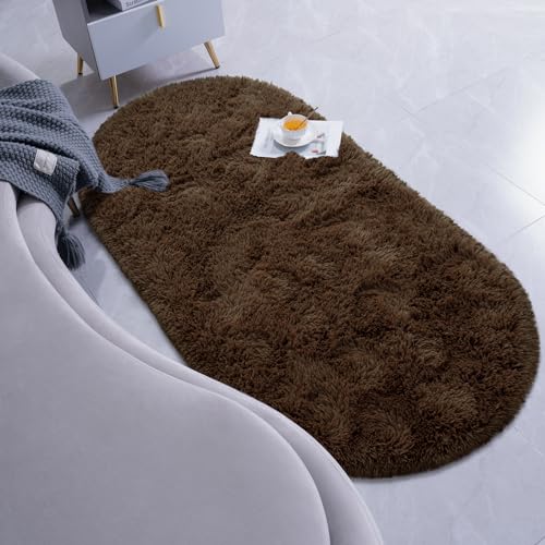 Goideal Fluffy Bedroom Rug, Small Oval Area Rugs, Brown Shag Bedside Carpet for Kids Room Nursery Dorm Cute Fuzzy Indoor Decor for Boy and Girl, 2.6 x 5.3 Feet - color: Brown