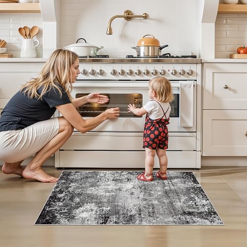 2x3 Washable Entryway Rug – Non-Slip Modern Abstract Neutral Small Throw Area Rug for Kitchen, Bedroom – Soft Low Pile Thin Indoor Door Mat（Black Grey,2x3） - color: Black Grey, size: 2' x 3' (Rectangular)