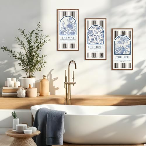 BINCUE Jesus Wall Art Flower,Christian Bible Wall Art Florals,Bible Verse Artwork,Blue White Flower Hanging Decor,Modern Scripture Wood Wall Decor for Living Room Bedroom Home 8x16 Inch Set of 3 ﻿ - color: Bule & White