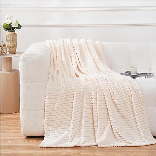 Puncuntex Flannel Fleece Throw Blanket Cream White 50"×60",Super Soft Plush Cozy Blanket with 3D Jacquard Square Grid Design Luxury for Couch Sofa Chair - color: Cream White, size: 50"×60"