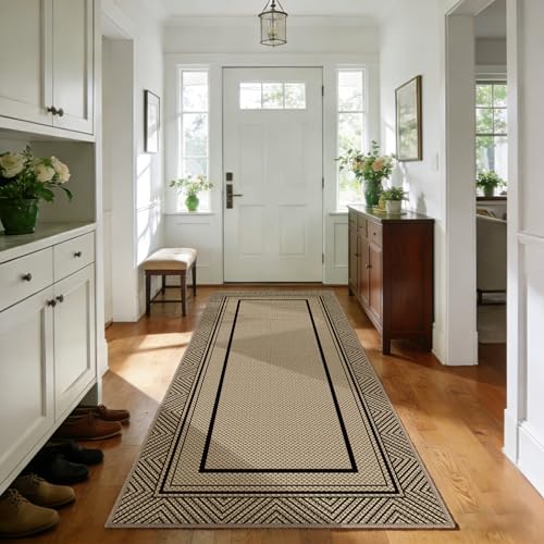 Capslpad 2x6 Hallway Outdoor Rug, Easy Jute Geometry Line Entryway Rug, Farmhouse Washable Non-Slip Rubber Backing, Stain Resistant Low Pile Runners for Hallways, Kitchen, Bedroom, Laundry, Black - color: Black, size: 2' x 6' (Rectangular)