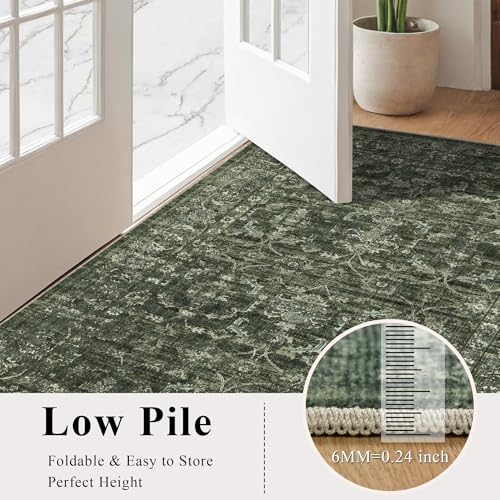 Washable Area Rug 2x3 Green Rugs for Living Room, Vintage Boho Rug for Bedroom Dining Room Office, Distressed Floral Print Carpet for Under Table, Soft Non Slip Low Pile Throw Carpet Indoor Mat - color: Dark Green, size: 2' x 3' (Rectangular)