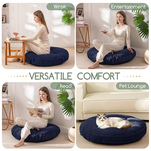 HIGOGOGO 35" Floor Pillow Cushion for Adults, Meditation Cushion Pillow, Extra Large Square Floor Sitting, Tufted Corduroy Cover for Tatami Living Room or Yoga, Navy - color: Navy, size: 4" Thick Round