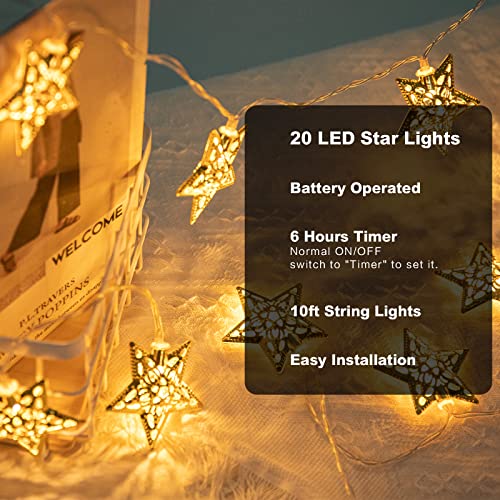 Vigdur 10Ft Star String Lights - 20 LEDs Star Fairy Lights Battery Operated with Timer, Ramadan Decoration Light for Home Bedroom Party Holiday Eid Mubark Decoration - color: Star Lights