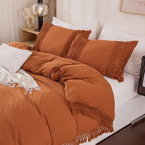 Burnt Orange Pillowcases, Macrame Tassel Pillow Cases Set of 2, 100% Washed Microfiber, Caramel Decor Tassel Boho Pillow Cover, 2 Pack (King, Rust Tassel) - color: Rust Tassel, size: King, 20" x 40" (Pack of 2)