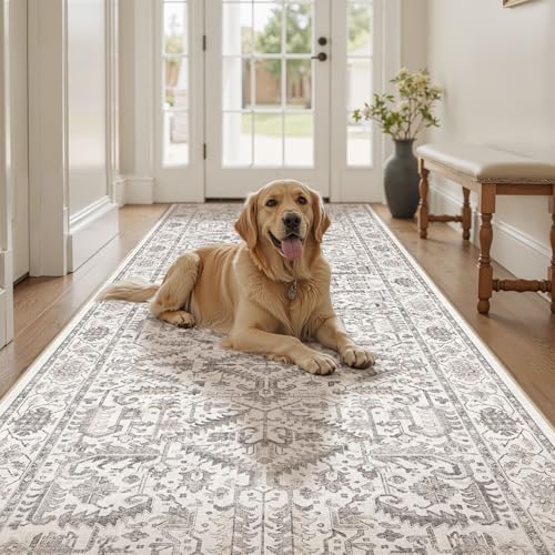 3x10 Washable Hallway Runner Rug :Vintage Large Soft Entryway for Kitchen Laundry Room Runner with Non Slip Backing Farmhouse for Bedroom Bathroom Living Room Stain Resistant Carpet-White Gray - color: White, size: 3' x 10' (Rectangular)
