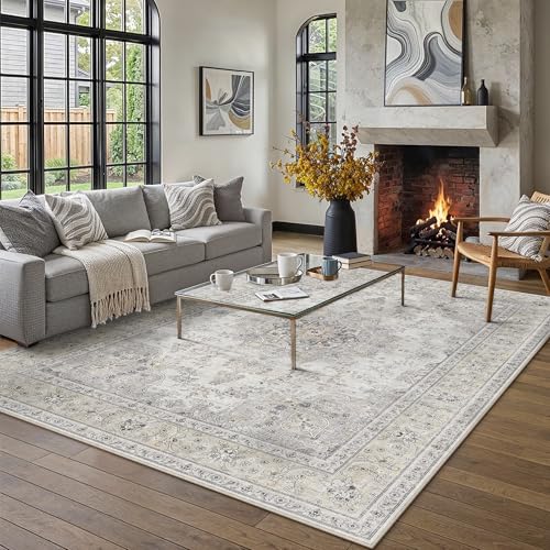 HUGEAR 9x12 Area Rugs Machine Washable Rugs Vintage Grey Large Living Room Bedroom Rug Non-Shedding Low Pile Persia Throw Carpet Non Slip for Dining Room Kitchen Office Home Decor - color: Beige / Grey, size: 9' x 12' (Rectangular)