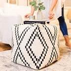Unstuffed Boho Pouf Ottoman Cover – Modern Bohemian Living Room Decor, Kids, Nursery, Dorm Room – Minimalist Storage Solution, Foot Rest – Hand-Tufted Square Neutral Removable
