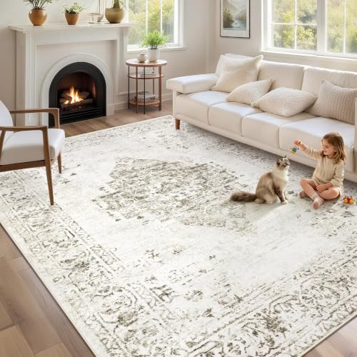 Washable Rugs 5x7 Living Room Rug: Vintage Neutral Area Rugs Soft Non-Slip Indoor Low Pile Carpet for Bedroom Dining Room Nursery Office (Taupe, 5' x 7') - color: Taupe, size: 5' x 7' (Rectangular)