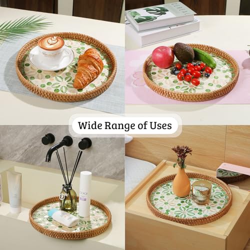 Round Rattan Tray with Mother of Pearl Inlay, Decorative Wicker Serving Tray with Wooden Base, Woven Basket Trays for Bread Fruits Coffee, Starfruit - color: Starfruit