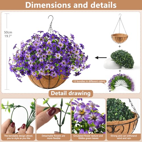 ZFProcess Artificial Flowers Hanging Baskets, Multicolor 12 Bundles Faux Flower Outdoor Hanging Basket Spring Summer Decoration, Fake Flowers Plants for Porch Patio Balcony Home Yard Decor (Purple) - color: Screen Printing - Double Purple