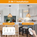 Boho Battery Operated Pendant Lights,Rechargeable Pendant Light with Remote,Rattan Pendant Light Fixtures for Kitchen Island,Boho Hanging Lights for Dining Room Bedroom Hallway Entryway(2 Pack) - size: 9.05 in