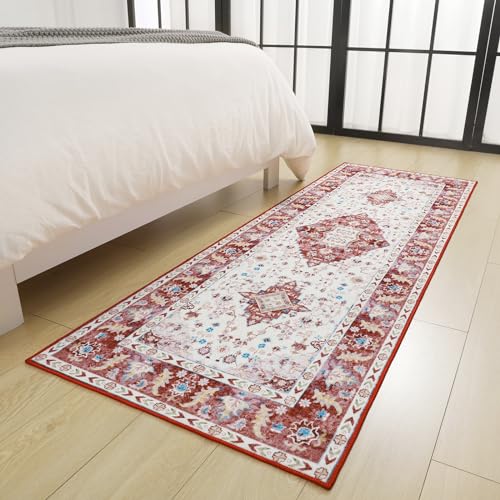 Amearea Vintage Design Runner Rugs for Living Room, 2x6 Machine Washable Floral Collection Traditional Bedroom Rug, Low Pile Cute Kids Room Print Carpet, No Slip Office Kitchen Home Decor, Red - color: Red, size: 2' X 6' (Runner)