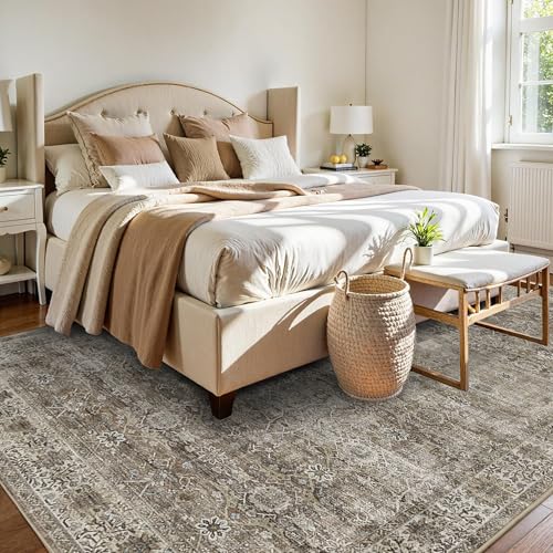 Brown Grey 5x7 Washable Rug for Living Room Large Vintage Distressed Bedroom Rug Low Pile Non-Slip Soft Boho Carpets for Bedroom Dining Room Home Office Indoor Nursery Antique/Moss - color: Brown Grey, size: 5'*7'(Rectangular)