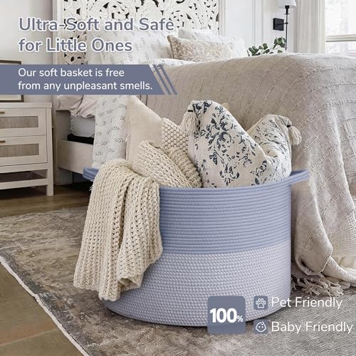 INDRESSME 115L Extra Large Rope Basket, Organizing Storage for Nursery Living Room Home Décor., Decorative Woven Laundry Basket, Towel, Gift Baskets, Blue - color: Blue & White, size: 23.6"D x 15.7"H