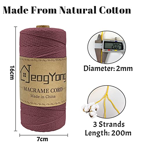 JeogYong Macrame Cord 2mm x 218 Yards, 3-Strand Twisted Natural Cotton Rope, Cotton String Coloured Craft Cord for Plant Hanger Wall Hanging Knitting Crafts, Rust Red Color - color: Rust Red